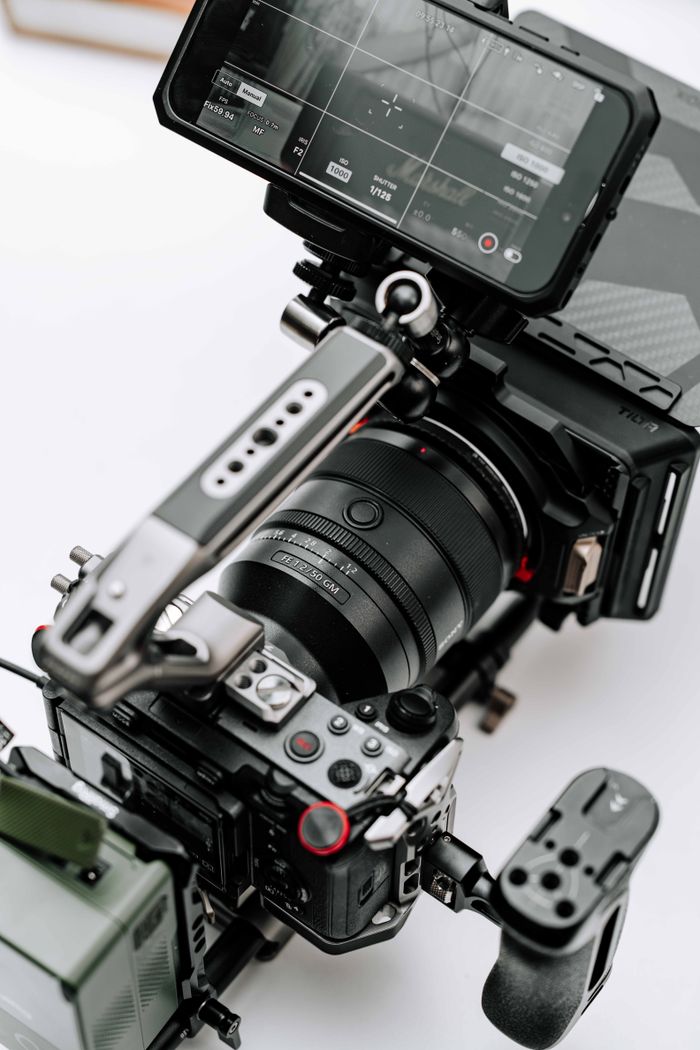 Close-up of a professional camera rig setup, ideal for filming and videography.